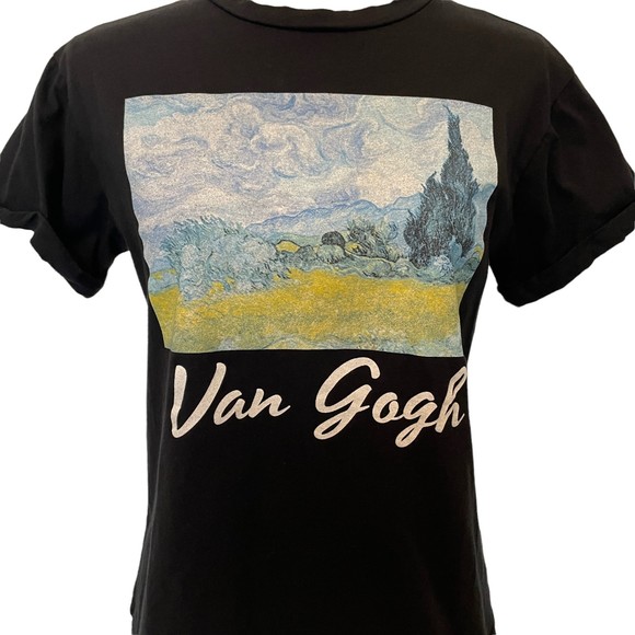 FRENCH PASTRY BLACK VAN GOGH CUFFED SLEEVE TEE T SHIRT TOP MEDIUM - Picture 3 of 10
